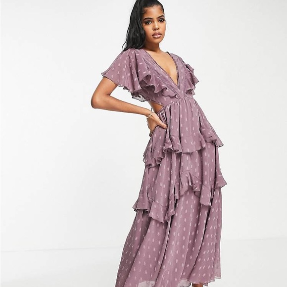 ASOS Dresses & Skirts - ASOS DESIGN textured tiered midi dress with lace insert and open back in mauve